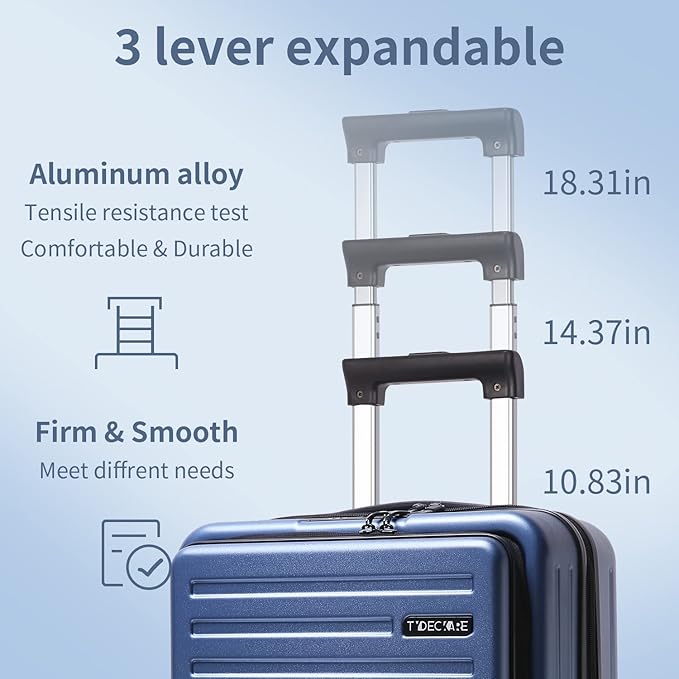 TydeCkare 20 Inch Carry On Luggage with Front Pocket, 21.65 * 15.35 * 7.87" Suitable for Airplane Overhead Bin, 34L PC+ABS Hardshell, Ice Blue