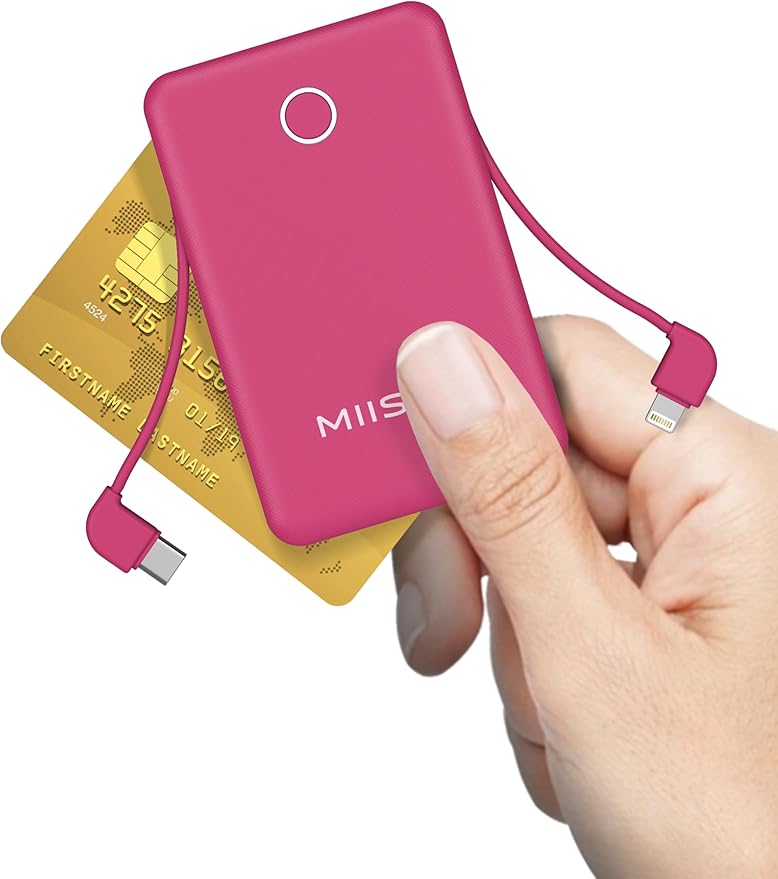 miisso 6000mah Ultra Slim Built in Cables Power Bank, Card Size Built in USB C Cords Battery Pack Portable Charger for Phones, 3 Output External Battery Pack Compatible with iPhone, Plum Red