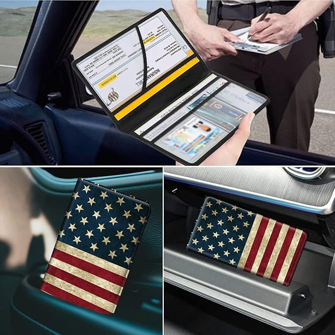 Car Registration and Insurance Holder, Cool Car Accessories for ID, Driver's License Cards & Essential Document, business cards, Men&Women,Old American Flag