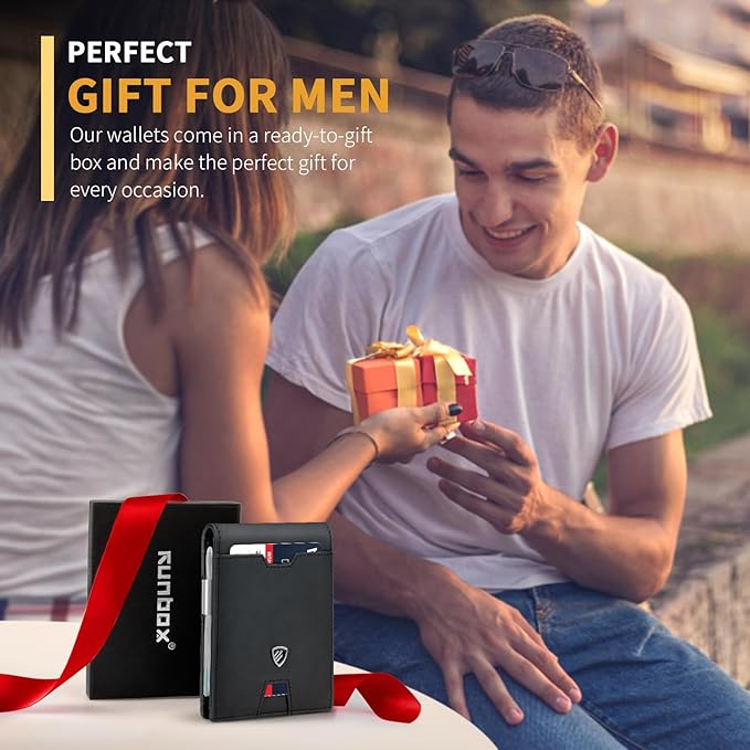 RUNBOX Mens Slim Wallet with Money Clip RFID Blocking Bifold Credit Card Holder for Men with Gift Box