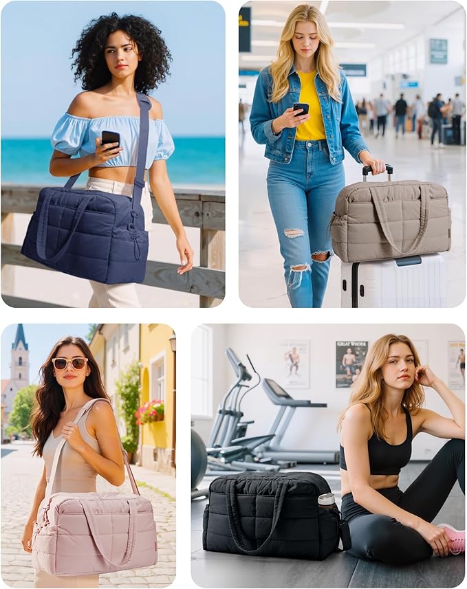 BAGSMART Gym Bag for Women, Lightweight Puffer Duffle Bag 2-PC Travel Bag, 31L Weekender Overnight Bag Quilted Carry On Tote Bag, Diaper Hospital Dance bag for Travel, Gym, Water Resistant