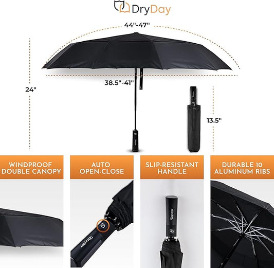 DryDay Premium Umbrellas for Rain, Large Windproof Double Canopy Umbrella, 10 Aluminum Ribs, Sturdy Frame, Auto Open Close Unique Handle, Windproof & Waterproof Umbrella for Women & Men