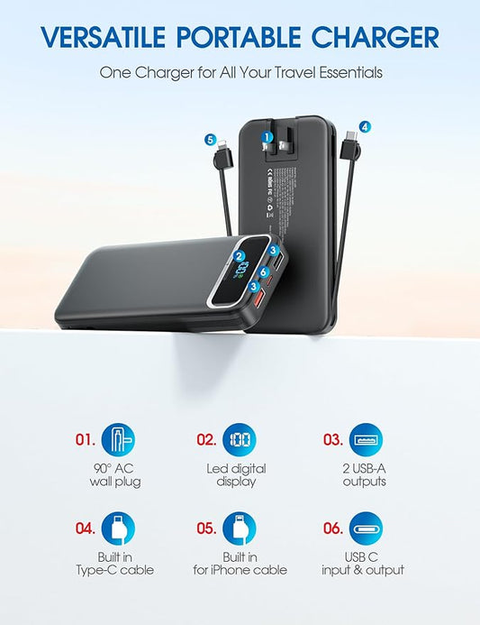 Portable Charger, 12000mAh 22.5W Fast Charging Power Bank with Built-in Cables & Wall Plug, USB C External Battery Pack with LED Display, Travel Essential Charging Bank for iPhone, iPad, Samsung Black