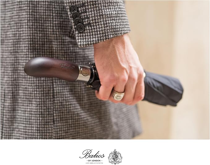 Balios Travel Folding Umbrella with Real Wood Handle Auto Open Close Vented Windproof Canopy - Designed in UK