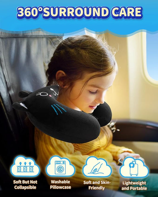 Memory Foam Kids Travel Pillow, Kids Neck Pillows for Travel Car, Cute Airplane Pillow, Washable (Black Cat, 3-5 Y/O)