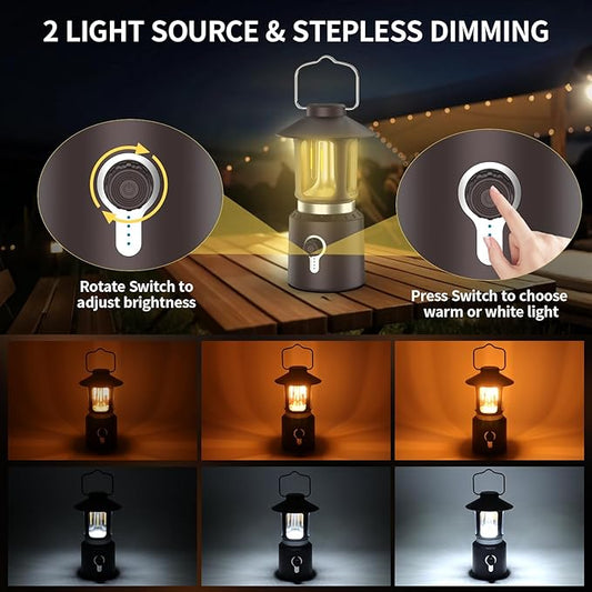Retro Classic LED Camping Lantern, Rechargeable Stepless Dimming Vintage Lantern, 3 Light Modes (2000K-6500K), 8000mAh Power Bank, Bright Hanging Tent Light for Indoor & Outdoor, Hiking, Camp