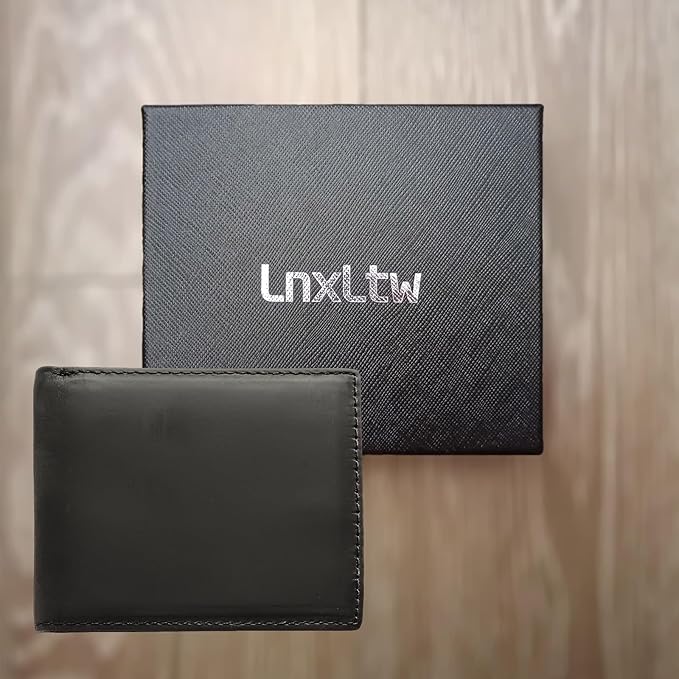 LnxLtw Men's Slim RFID Blocking Front Pocket Wallet | Minimalist Ultra-Thin Genuine Leather Bifold Wallet for Traveler with ID Window & Gift Box | Compact Black Credit Card Holder