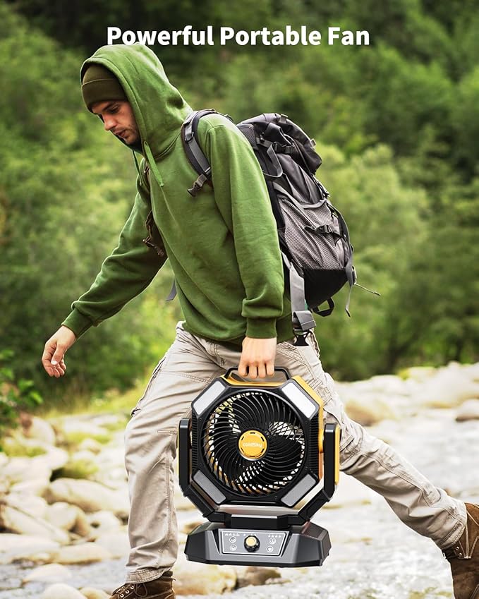coldSky ๐ฐ๐ฌ๐ฌ๐ฌ๐ฌ๐บ๐๐ต Camping Fan, Battery Operated with 4 LED Light, 8 Speeds DeskFan with Remote, Portable Rechargeable Outdoor Fan with Hook for Tent, Power Outages Yellow