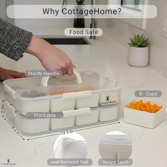 Snackle Box Container with 8 Removable Compartments - 2 Pack Divided Serving Tray with Lid and Handle for Candy, Fruits, Veggies, Nuts, Snacks - Dishwasher Safe, Reusable Travel Snack Box