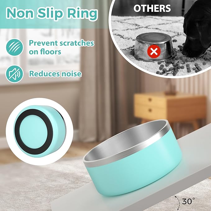 Stainless Steel Dog Bowl - Metal Water and Food Dish for Large Dogs, Insulated, Non-Slip, Easy Clean, 64oz, MintGreen