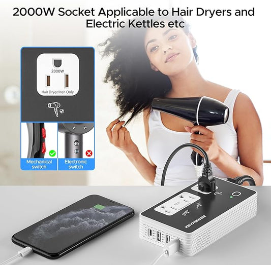 Key Power 2000W Step Down Converter, 220V to 110V Voltage Converter US to Europe, International Universal Travel Adapter with 3 AC Outlets and 4 USB(1 USB C) for Hair Dryer/Straightener.