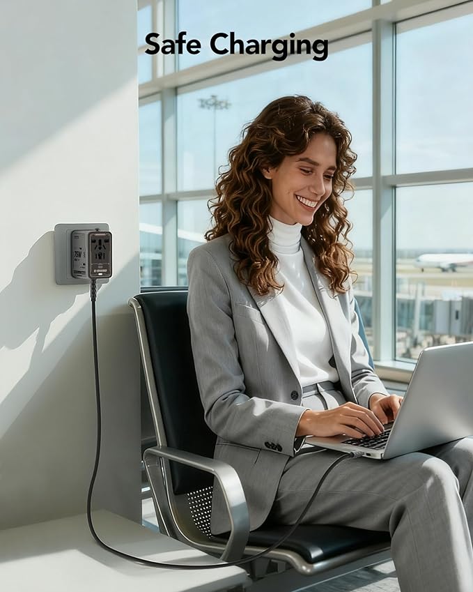 Mfish Universal Travel Adapter, 75w 5-Port International Plug Adapter, 1 USB-A, and 3 USB-C, Worldwide Wall Charger for EU/UK/AUS/CN Compatible with Over 200 Countries, Grey