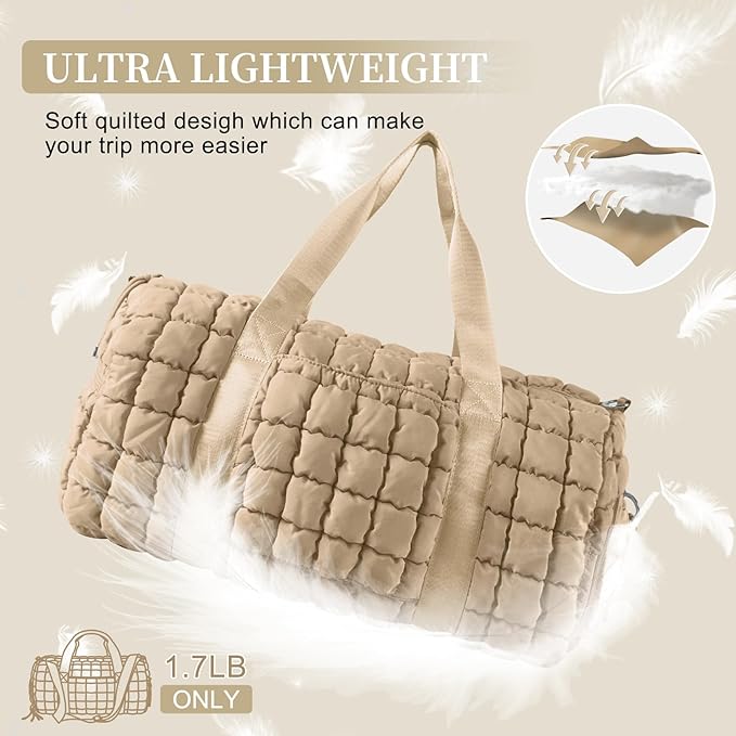 Quilted Travel Duffle Bag Gym Bag for Women,Large Puffer Duffle Weekender Bag with Compartment,Workout Overnight Carry on Organizer Bag Duffle Bag for Airplane Travel(L-Khaki)