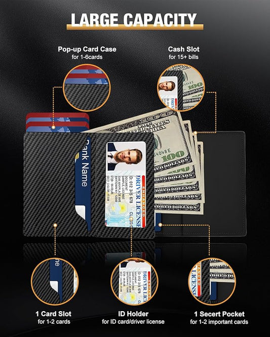 Mens Wallet Card Holder - Pop Up Aluminum Case, Flexible Carbon Fiber Leather, Smart Wallet for Men, RFID Blocking, Slim, Minimalist, Front Pocket - 9-14 Card Capacity | ID Window | Cash Slot