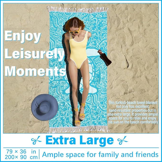 Thin Turkish Beach Towel Lightweight Soft Cotton Extra Large XL Oversized Sand Free Sandproof Absorbent Quick Dry Towels Cloud Bath Pool Travel Compact Essentials Accessories for Adult Gifts