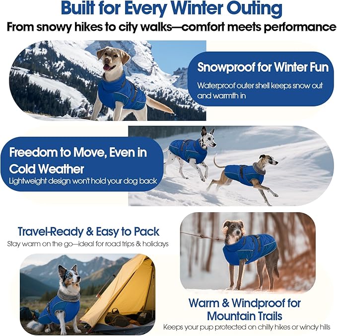QBLEEV Warm Dog Jacket - Reflective, Adjustable Winter Coat with Turtleneck for Cold Weather, Waterproof Fleece Snowsuit for Small, Medium, Large Dogs