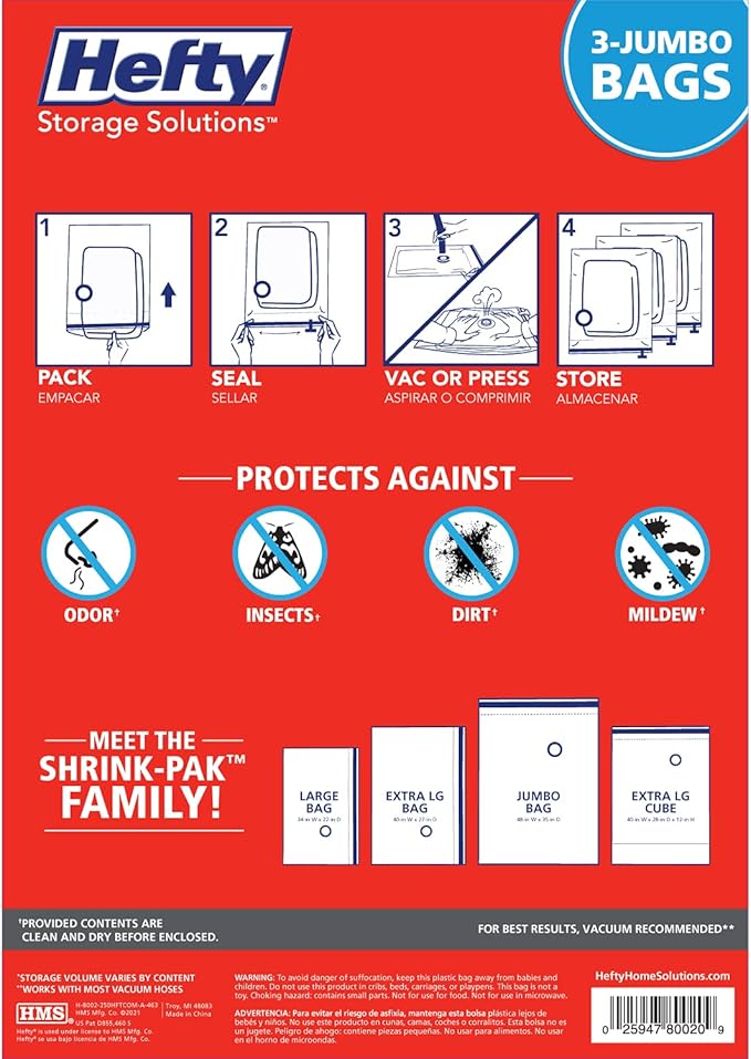 Shrink-Pak Space Bags Vacuum Storage Bags for Bedding Jumbo Compression 3 Pack Clear for Comforters Blankets (3 Jumbo/Bedding Solo)