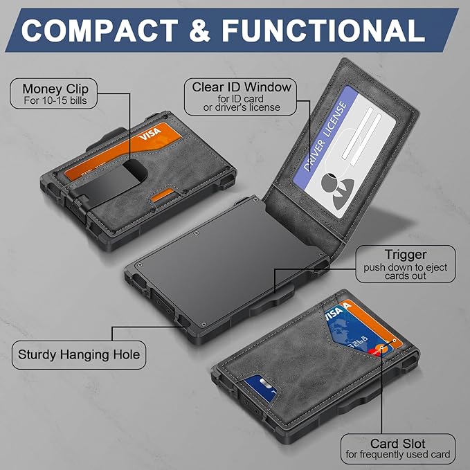 Wallet for Men, Minimalist Slim Mens Wallet with Money Clip, RFID Blocking Smart Pop Up Card Wallet with ID Window, Compact Bifold Wallet,Metal Aluminum Credit Card Holder