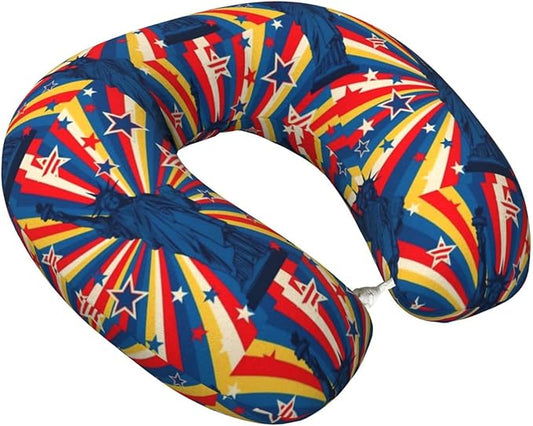 Neck Travel Pillow, Breathable Memory Foam Chin & Head Support Cushion Statue of Liberty USA Patriotic American Flag Stars and Stripes for Airplane Car Sleeping Rest