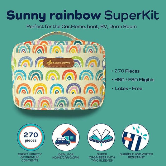 KeepGoing Large Home First Aid Kit for Kids – 270 Pc. for Car, Home, Dorm, & Boat with Latex-Free Bandages – 10 x 7 x 3.5 in. Travel First Aid Kit (Sunny Rainbow)