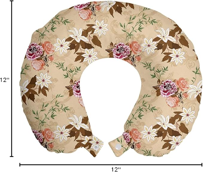 Ambesonne Floral Travel Pillow Neck Rest, Cloves Roses Twigs Blossoming Nature Classical Retro Flowers Print, Memory Foam Traveling Accessory for Airplane and Car, 12", Multicolor