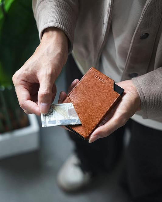 VULKIT Pop up Card Wallet Genuine Leather RFID Blocking Slim Aluminum Metal Bank Card Holder Case with Business Money Pocket for Credit Cards Notes and Coins Brown