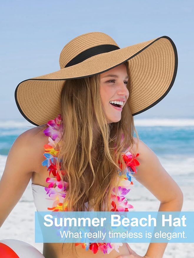 Senker Fashion Sun Hats for Women Oversize Wide Brim Straw Beach Hat Floppy Foldable Roll-Up Summer Vacation UPF 50+