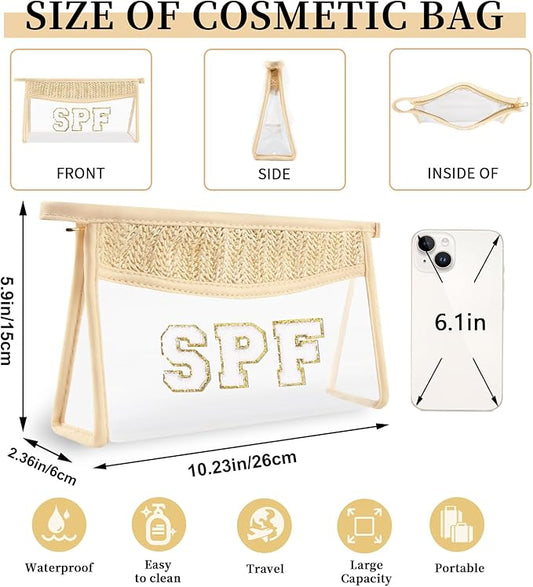 Small Boho Straw Clear Spf Makeup Bags for Women&Girls, Zipper Cosmetic Bag Chenille Varsity Letter Patch Bag, Preppy Cute Toiletry Pouch, Trendy Organizer Storage Bag for Beach Travel Essentials