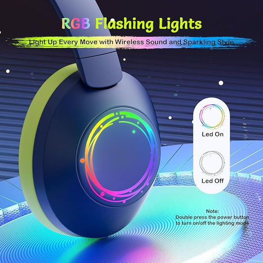 Noise Cancelling Headphones for Kids,Colorful RGB LED Lights, 60H Playtime, Bluetooth 5.4 Wireless Over-Ear Headset Built-in Microphone for Home/School/Party- Includes Portable Case (Blue)
