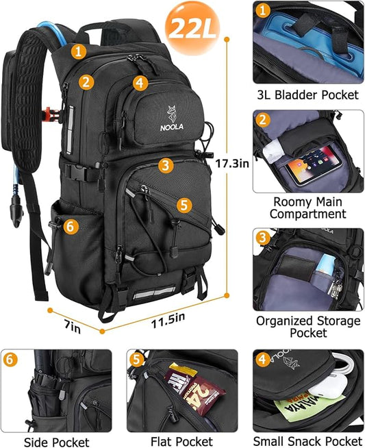 NOOLA Hydration Backpack with 3L Water Bladder - 22L Water Backpack for Hiking, Cycling, Running, Biking - Lightweight Hiking Pack Bag with Rain Cover, Phone Holder and Trekking Pole Holders, Black