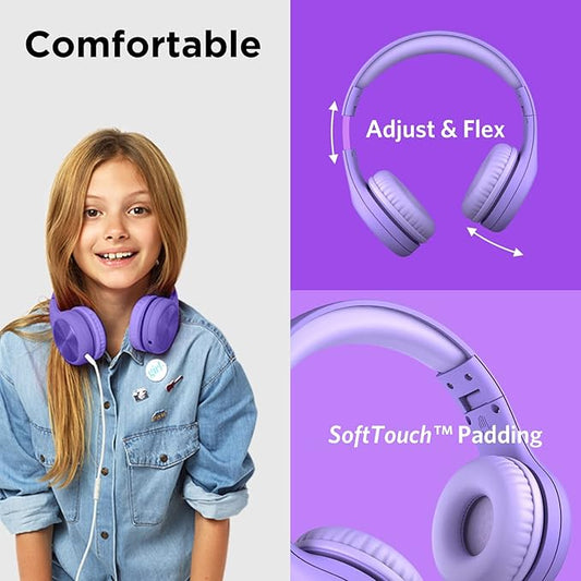 LilGadgets Connect+ Pro Wired Kids Headphones for School with Microphone, Volume Limiting Over-Ear Headset with Cord, SharePort Technology & SoftTouch Padding, Purple