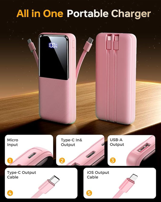 Portable Charger Power Bank - 20,000mAh Battery Pack Portable Phone Charger with Built in Cable 22.5W Fast Charging Powerbank Compatible with iPhone Android Samsung Phone, Travel Camping Essential