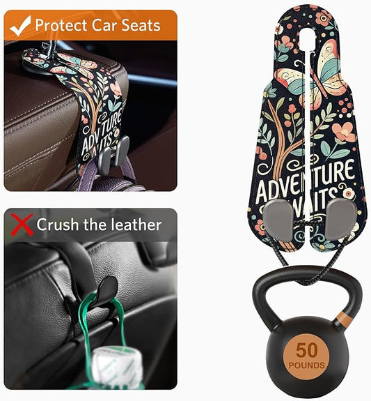 CoBak Purse Hook for Car - Universal Premium Stitched Leather and Aluminum-Magnesium Alloy Double Car Seat Back Storage Hook for Purses, Handbags, Bags (2 Pack),Wander Bloom