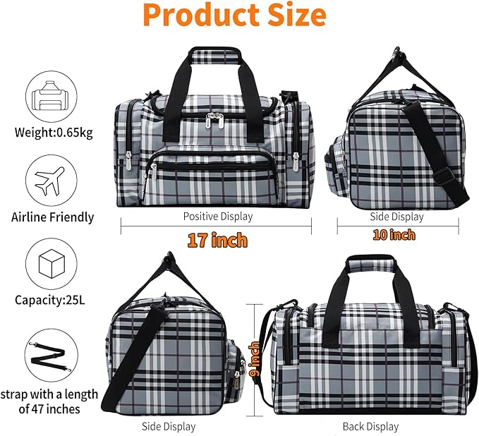 17 inch Small Duffle Bag - Carry On Weekender Bag for Travel Gym Sport - Gray/White