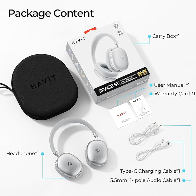 havit Space S1 Hybrid Adaptive Active Noise Cancelling Headphones Wireless, Over Ear Headphones, Bluetooth 6.0, 100H Playtime, LHDC Hi-Res Sound, Custom EQ via App, Travel, Office, Home, Silver