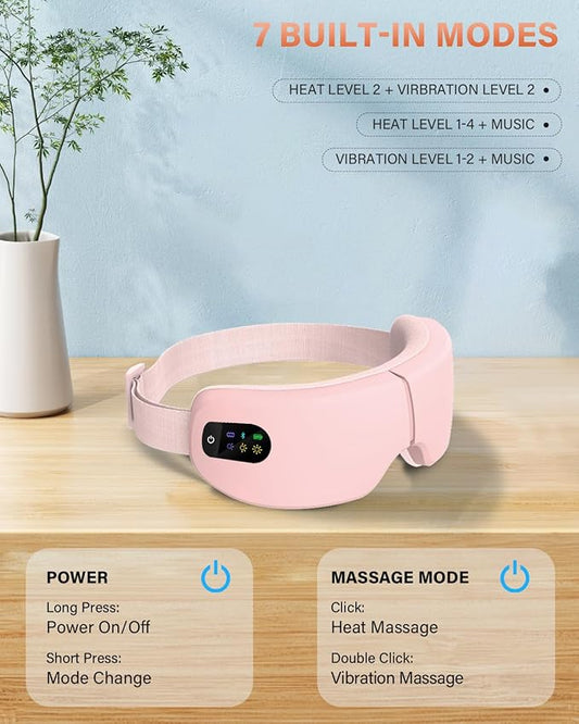 Eye Massager with Heat, 7 Massage Modes, Eye Mask, Birthday Gifts for Women, Men, Friend, Mom and Dad, Sleep Mask for Relax, Migraine Relief, Reduce Strain, Improve Sleep, Pink
