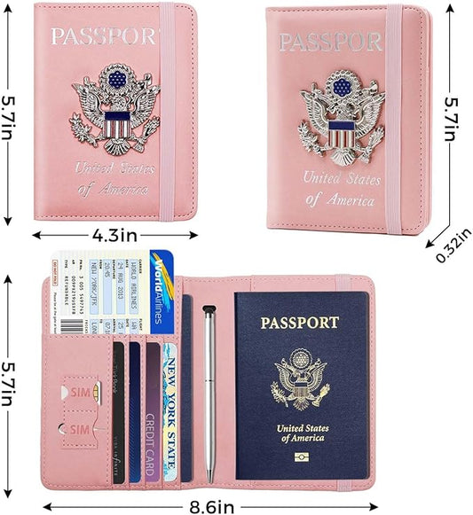 Cnycmy Passport Holder for Travel, Pu Leather Travel Wallet, RFID Blocking, Metal United States Coat of Arms, Waterproof cover for Family (Pink)