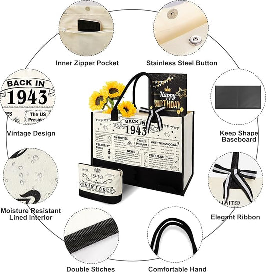 YeohJoy 82nd Birthday Gifts for Her Canvas Tote Bag Travel Gear, Unique 82 Years Old Birthday Gifts for Girlfriend Sister Friends Women, Vintage 1943 Handbag & Cosmetic Bag & Back in 1943 Poster