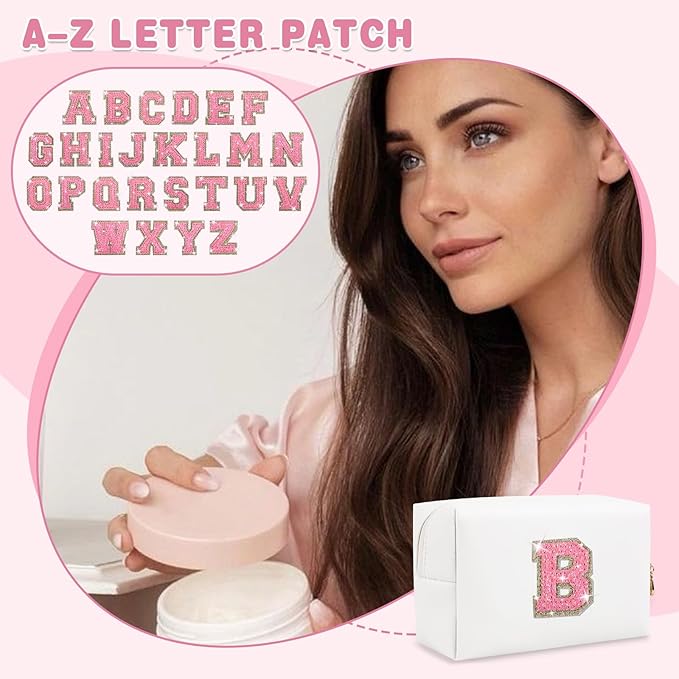 Small Initial Patch Makeup Bag Personalized Gifts Make Up Bag,White Cute PU Leather Glitter Letter Cosmetic Bag with Zipper,Trendy Portable Travel Toiletry Pouch,Preppy Stuff for Teen Girls Women B