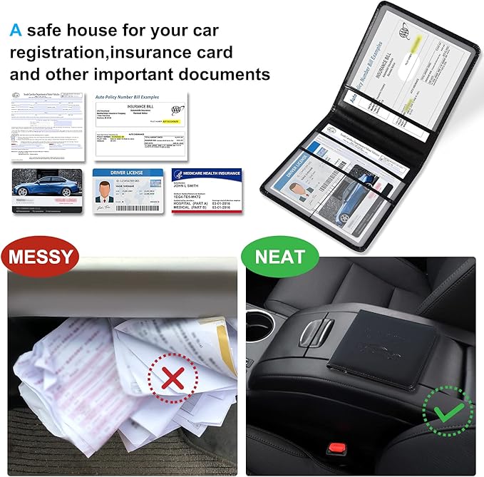 DMLuna Car Registration and Insurance Holder, Folio Leather Vehicle Card Document Glove Box Organizer, Auto Truck Compartment Accessories for Essential Information, Driver License Cards, Black