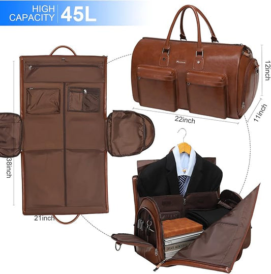 Leather Garment Bag for Travel, Modoker Carry On Suit Carrier Travel Bag with Shoulder Strap/Multiple Pockets - Ideal for Business Trips & Weekend Getaways - The Garment Duffel Bag for Traveling Men
