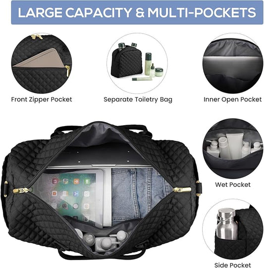 Travel Weekender Bags for Women - Duffle Bag Women with Shoe Compartment Carry On Overnight Bag with Toiletry Bag Duffel Bags with Wet Pocket for Gym Hospital Bags Black for College