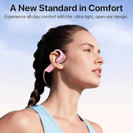 Open Ear Headphones with Mic, 29g Bluetooth Headset, Sweat Resistant,12Hrs, Dual Connect, Wireless Bluetooth Headphones with Noise Cancelling Microphone & Mute, for Work, Workout, Driving, Call, Pink