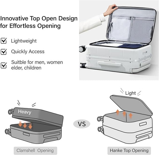 Hanke Top Opening 24 Inch Luggage with Spinner Wheels, Aluminum Frame All-PC Hard Shell Medium Suitcase, Zipperless Trunk Wide Handle Luggage, TSA Checked-Medium(Smoke White, 69L)