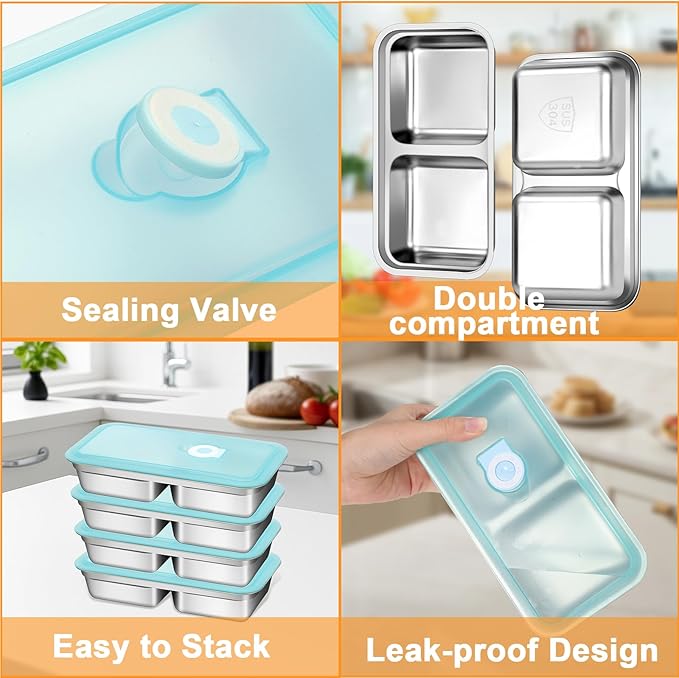 vovoyager Stainless Steel Snack Containers with Lids, Reusable Bento Lunch Container Box, Food Storage, Leak Proof, Dishwasher-Safe, Grab and Go for Work, 6 Pack (Double Compartment) -With 6 Forks