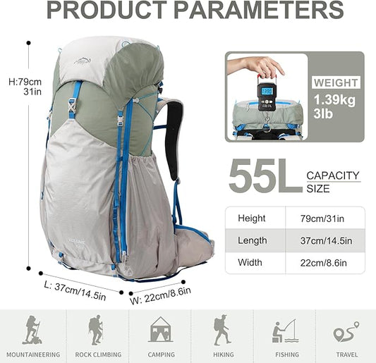 IX INOXTO 55L Internal Frame Waterproof Hiking Camping Backpack with 3L Water Bladder and Rain Cover, Large Lightweight Travel Daypack Rucksack for Climbing (Light Gray)
