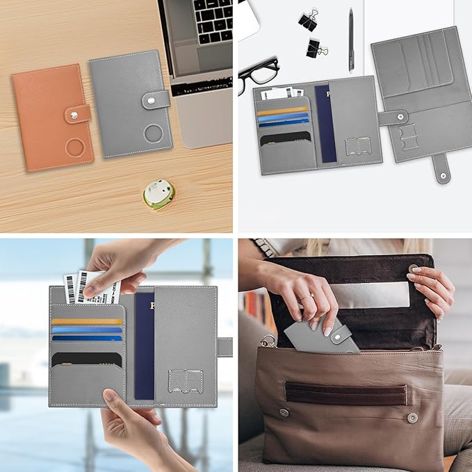 Genuine Leather Passport Holder, RFID Blocking Travel Wallet for Men/Women, Stylish Passport Cover with Airtag Slot, Durable Passport Wallet case travel essentials (Gray)
