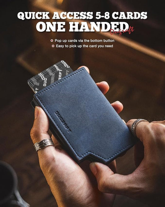 DUGRAFT Bifold Pop Up Wallet for Men, Slim Leather Credit Card Holder with Zipper Minimalist Women Magnetic Cash Coins Pocket Wallets RFID Blocking(Blue)