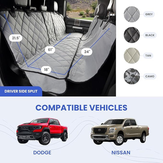 4Knines Bench Seat Covers for Trucks with Dog Hammock - Rear Seat Protector for Dogs Fits Full Size Crew Cab with Split Bench Seats - Waterproof, Heavy-Duty Dog Seat Cover (Driver Side, Grey)