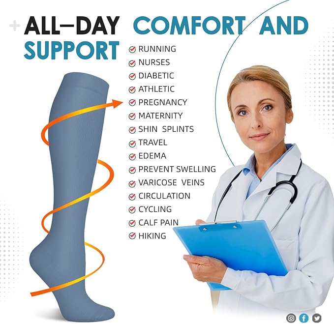 Graduated Compression Socks for Women&Men 20-30mmhg Knee High Socks Travel Hiking Running Stocking